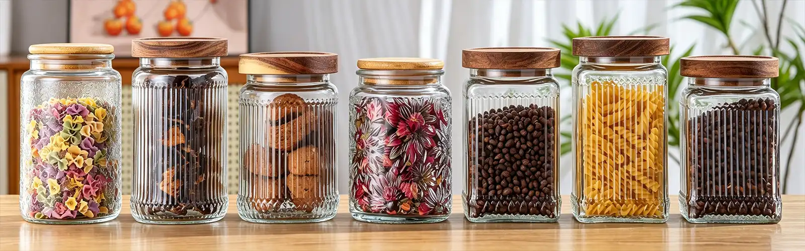 striped glass jar with wooden lid