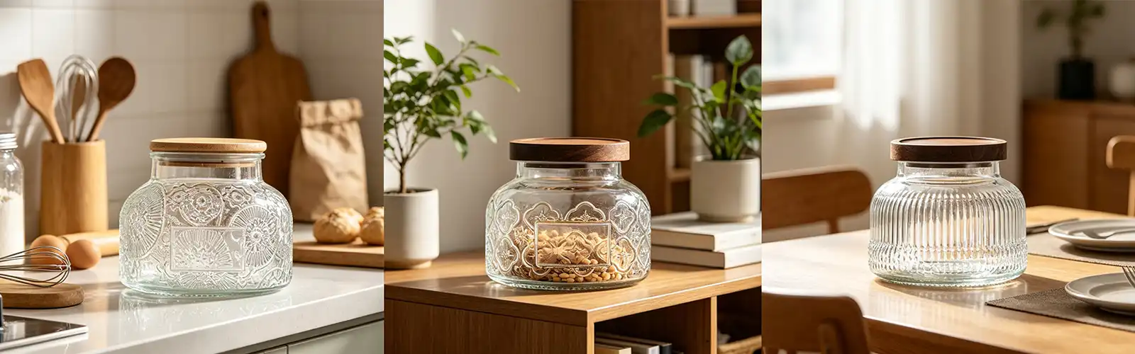embossed glass storage jar