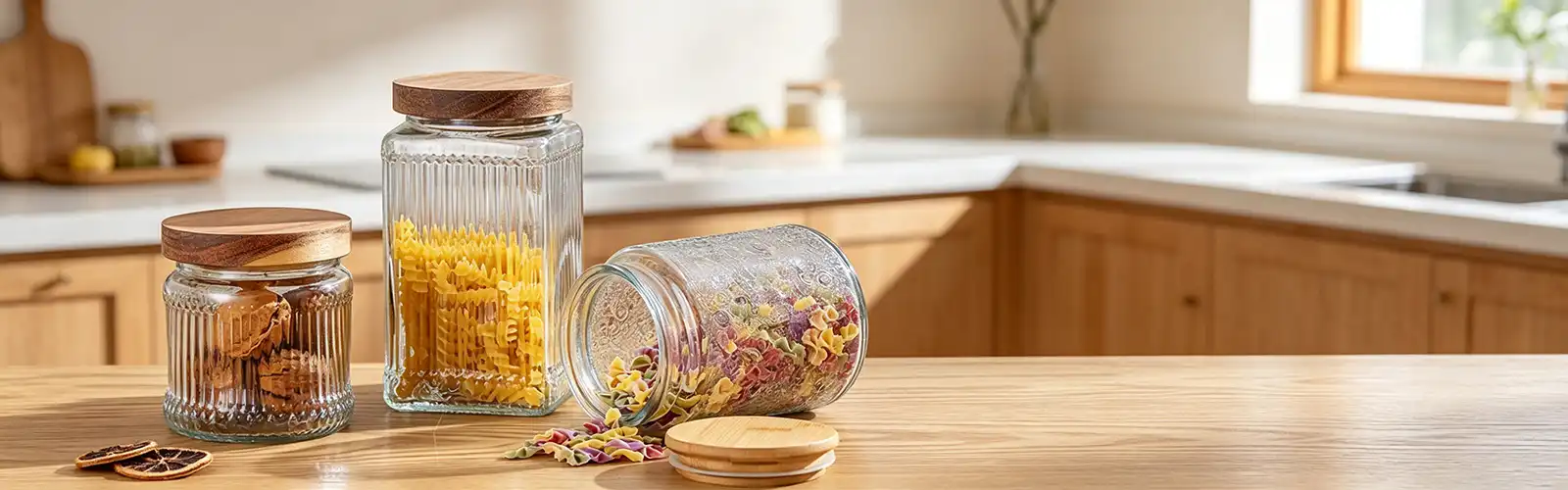Striped glass jar with wooden lid Striped glass jar with wooden lid