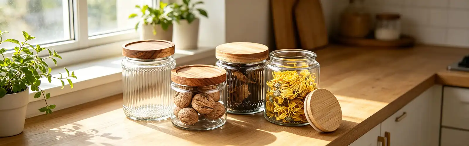 Ribbed glass jar with wooden lid Ribbed glass jar with wooden lid