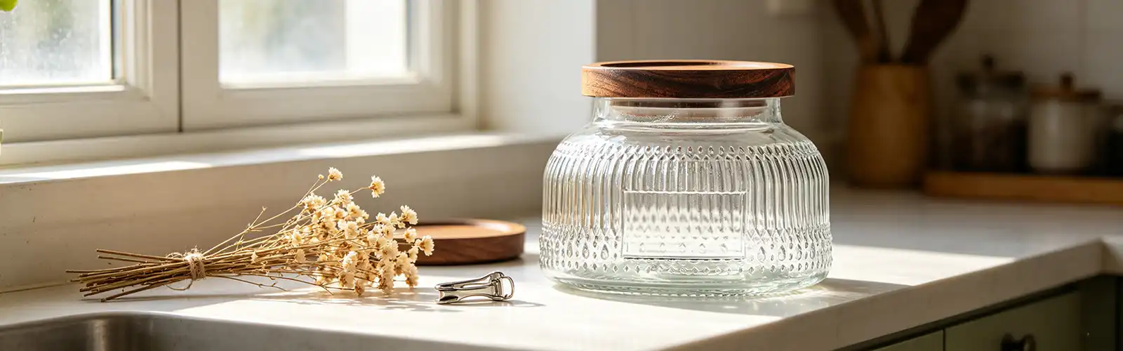 Embossed glass storage jar Embossed glass storage jar
