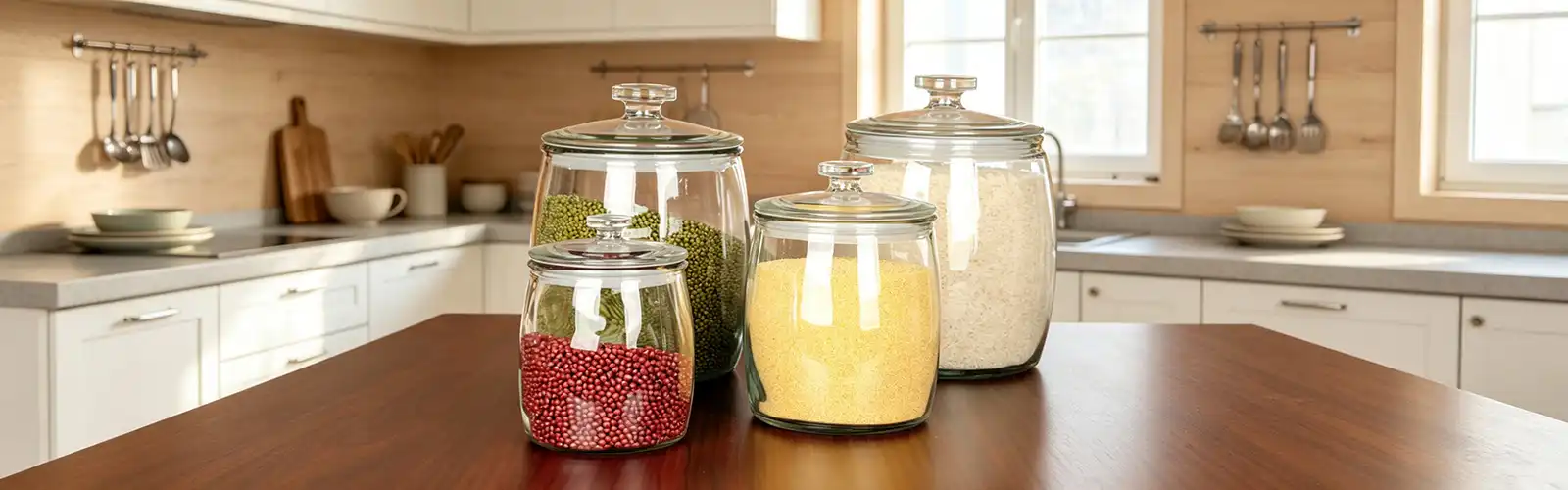 Storage jars with clear glass lids Storage jars with clear glass lids