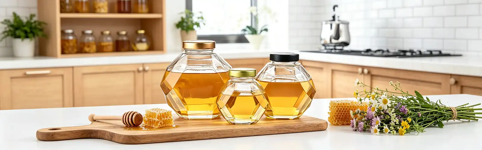Hexagonal glass honey bottle Hexagonal glass honey bottle