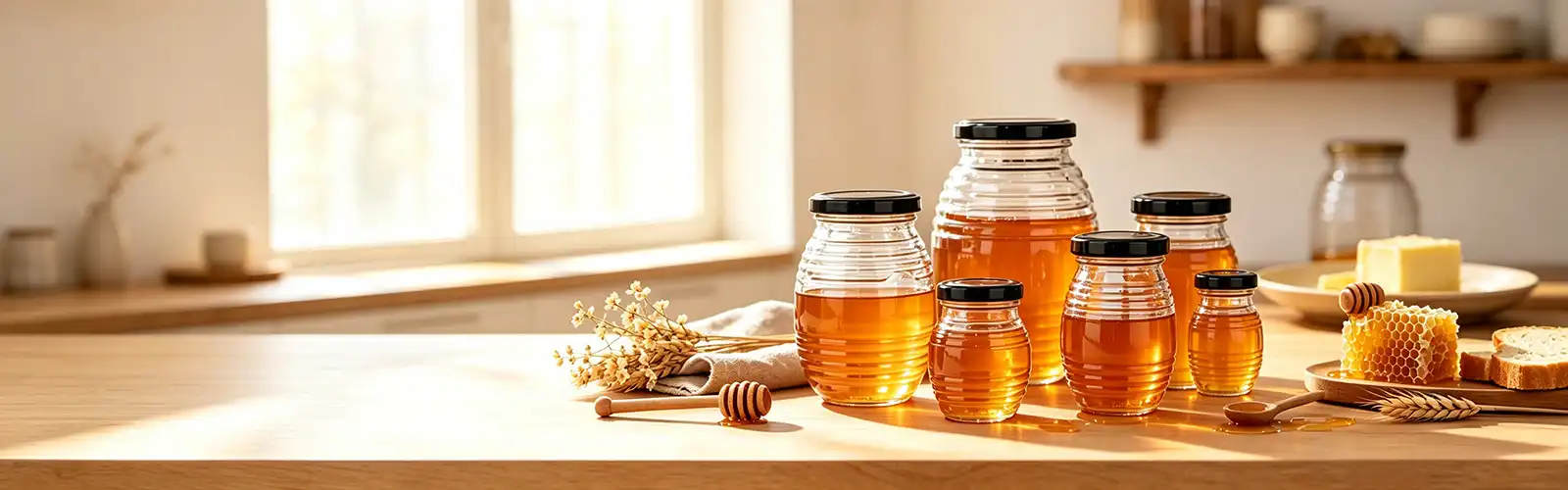 Honeycomb shaped glass honey bottle