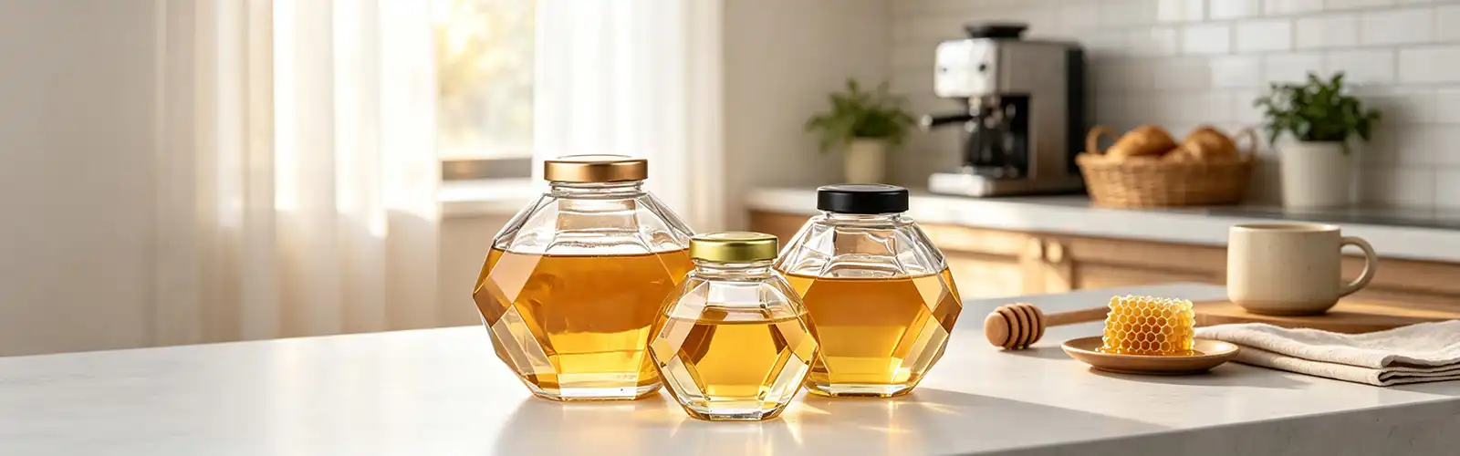 Hexagonal glass honey bottle