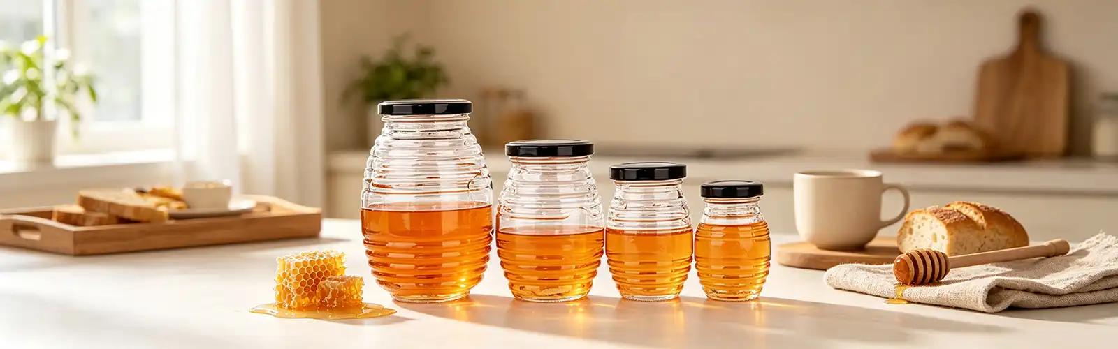 honeycomb shaped glass honey bottle