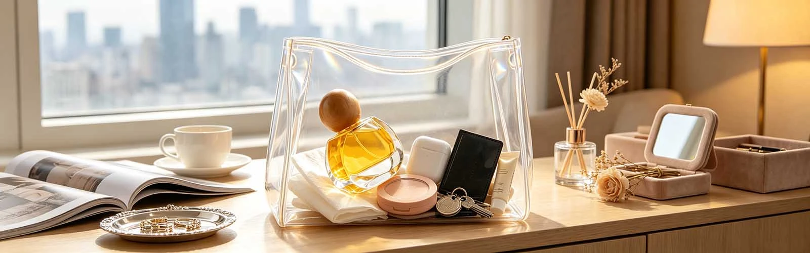 Transparent round glass perfume bottle