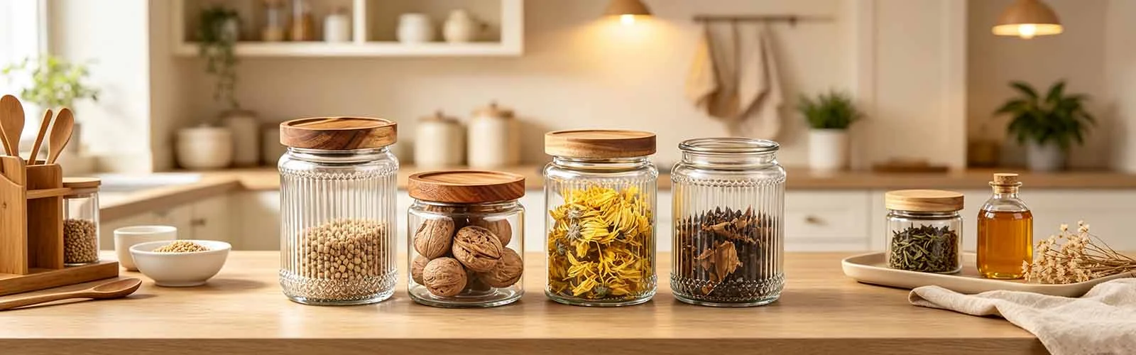 ribbed glass jar with wooden lid