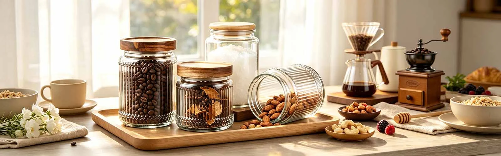 Ribbed glass jar with wooden lid