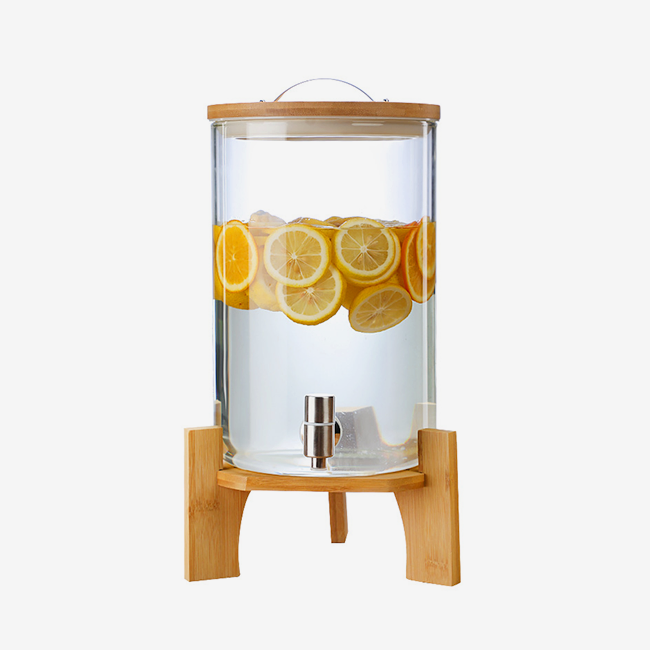 Glass beverage dispenser with wooden stand